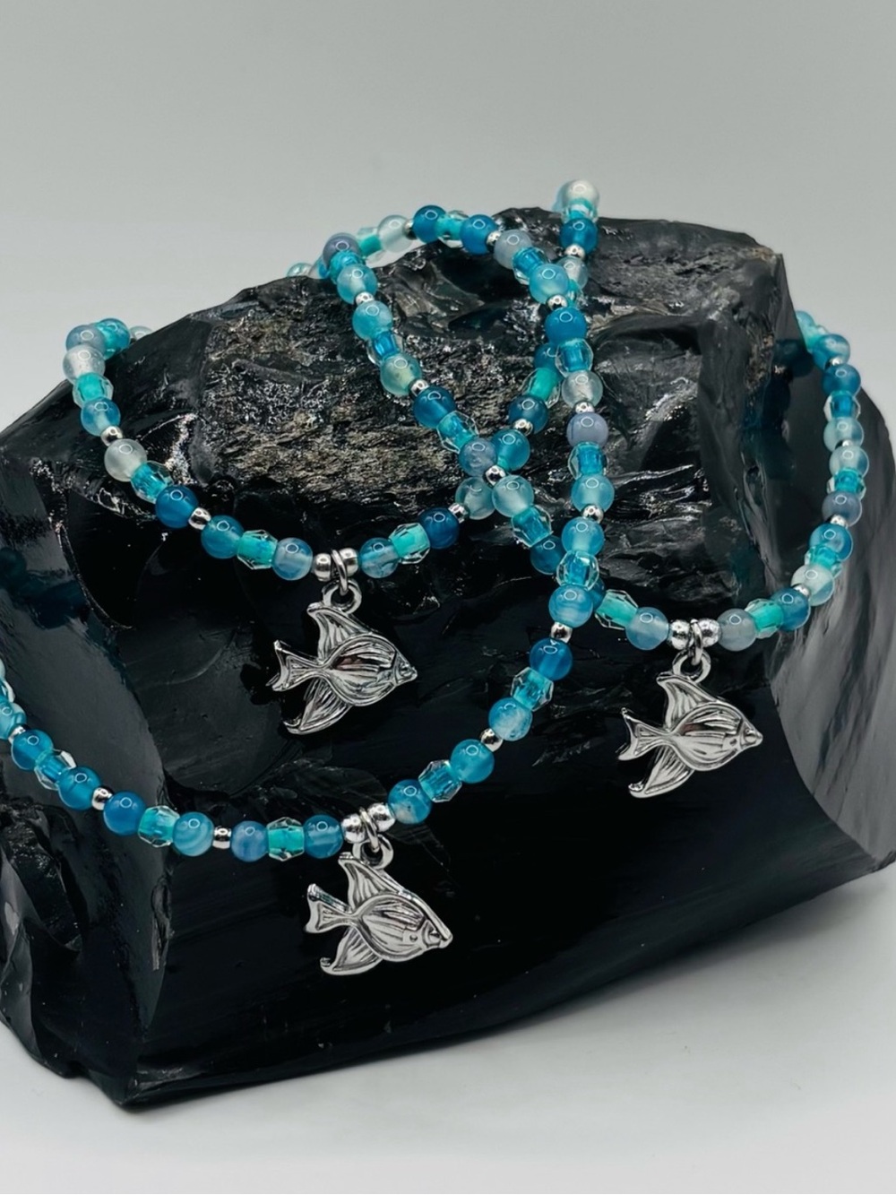 *ANKLET* S.Steel Angel Fish & Glass Crystal Agate Stretchy Anklet